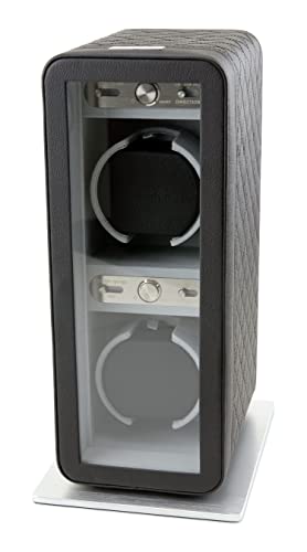 Heiden Monaco Double Watch Winder in Black Leather - Battery Powered or AC Adapter, 12 Program Settings, Diamond Stitched Vegan Leather, Soft Linen Interior, Large Interior Space for Large Watches