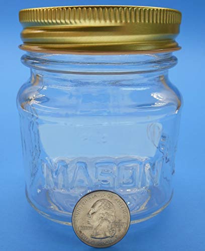 8 oz Square Mason Glass Jar with Gold Finished Safety Button Lids- Regular Mouth (Case of 12)