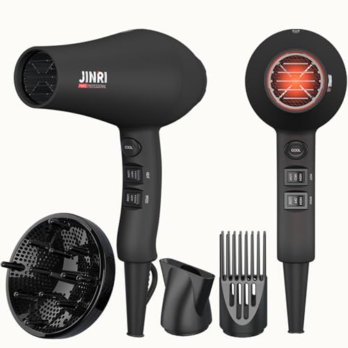 JINRI Ionic Hair Dryer with Diffuser & Comb and Concentrator, Lightweight Quiet Infrared Blow Dryer, Powerful 1875 Watt Motor for Smooth and Fast Drying Hair, Black