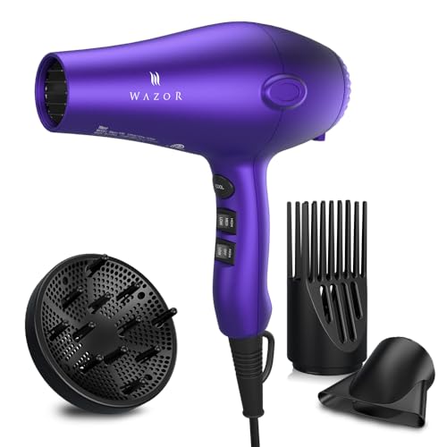 Wazor 3rd Generation Lightweight Low Noise Hair Dryer,(1875W Tourmaline Ceramic Negative Ionic Blow Dryer 2 Speed 3 Heat Settings Cool Shot with Diffuser Concentrator(Purple)