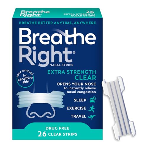 Breathe Right Nasal Strips | Extra Strength | Clear Nasal Strips | For Sensitive Skin | Help Stop Snoring | Drug-Free Snoring Solution & Nasal Congestion Relief Caused by Colds & Allergies | 26 Count