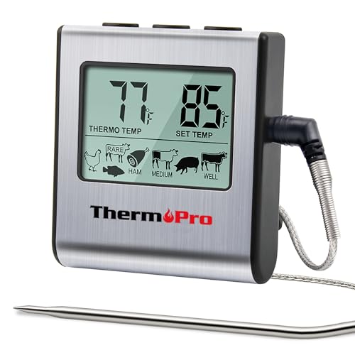 ThermoPro TP16 Large LCD Digital Cooking Food Meat Thermometer for Smoker Oven Kitchen BBQ Grill Thermometer Clock Timer with Stainless Steel Temperature Probe