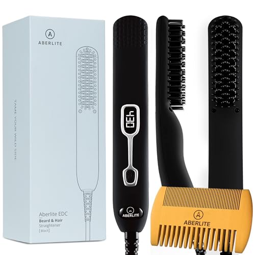 Aberlite EDC - Men's Professional Heated Beard Straightening Brush and Grooming Tool (for 0.5 inch plus Beards) (Black)