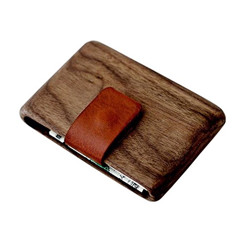 IPPINKA Minimalist Wallet for Men or Women - Wood Wallet - Walnut Wood with Leather Pull-Out Strap - Slim Card and Money Bill Holder