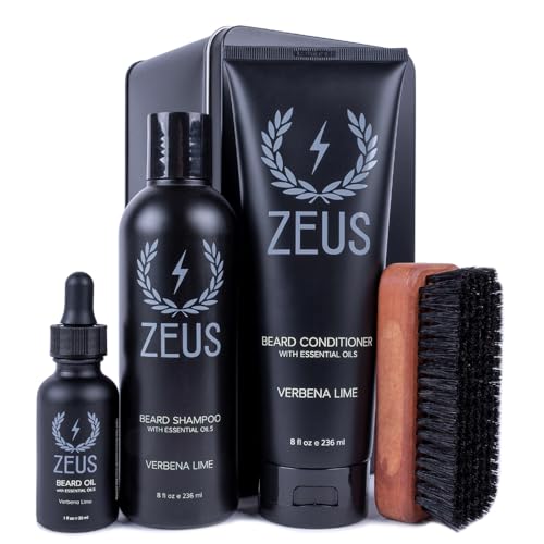 ZEUS Deluxe Beard Wash & Grooming Kit for Men – Natural Beard Oil, Beard Wash Combo & Beard Brush Gift Set (Verbena Lime)