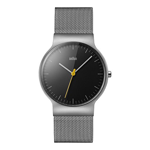 Braun Mens Slim 3-Hand Analogue Quartz Watch, Black Dial and Steel Milanese Mesh Strap, 38mm Stainless Steel Case, Model BN0211BKSLMHG.