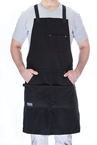 Hudson Durable Goods Professional Grade Chef Apron for Kitchen, BBQ, and Grill - 100% Cotton, Adjustable Crossback Apron for Men and Women with Large Pockets for Tools - Black