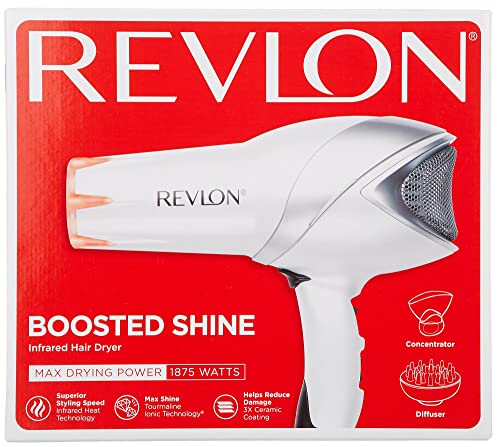 REVLON Infrared Hair Dryer with Diffuser - Ionic Blow Dryer, Diffuser, and Concentrator, Infrared Heat Technology to Prevent Over-Drying for Shiny, Soft Hair with Natural Moisture (White)