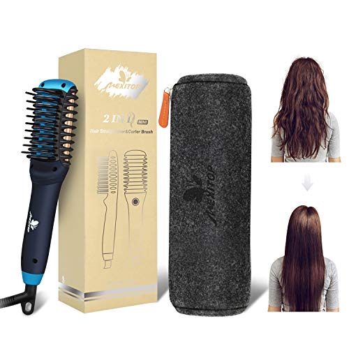 Hair Straightener Curler – Mexitop Mini 2 in 1 Hair Straightening/Curling Salon Tool, Lightweight (1 Apple), Dual Voltage, Bonus Glove/Clips/Woolly Cosmetic Bag ($25 Value), Metallic Blue