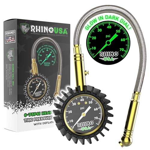 Rhino USA Heavy Duty Tire Pressure Gauge (0-75 PSI) - Certified ANSI B40.1 Accurate, Large 2' Easy Read Glow Dial, Premium Braided Hose, Solid Brass Hardware, Best for Any Car, Truck, Motorcycle, RV