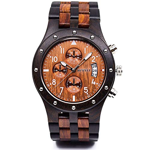 BEWELL W109D Sub-dials Wooden Watch Quartz Analog Movement Date Wristwatch for Men