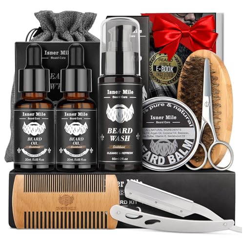 Isner Mile Beard Kit for Men, Grooming & Trimming Set with Beard Wash Shampoo, Oil, Balm, Brush, Comb, Scissors & Storage Bag, Fathers Birthday Gifts Valentines Gifts for Him Dad Men Boyfriend