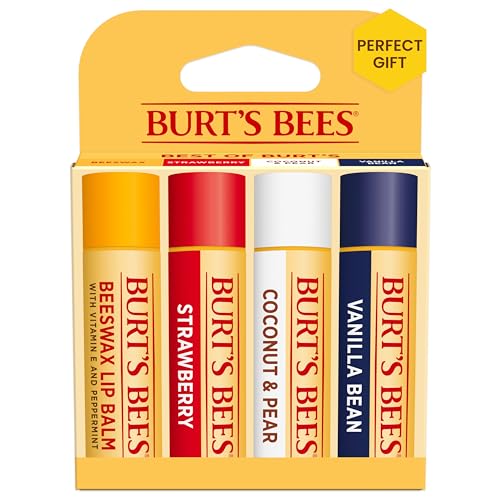 Burt's Bees Lip Balm - Beeswax, Strawberry, Coconut and Pear, and Vanilla Bean, With Responsibly Sourced Beeswax, Tint-Free, Natural Origin Lip Treatment, 4 Tubes, 0.15 oz.