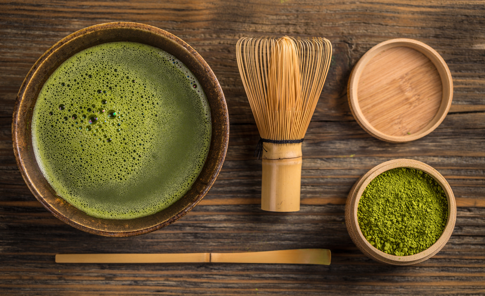 Traditional green tea matcha preparation